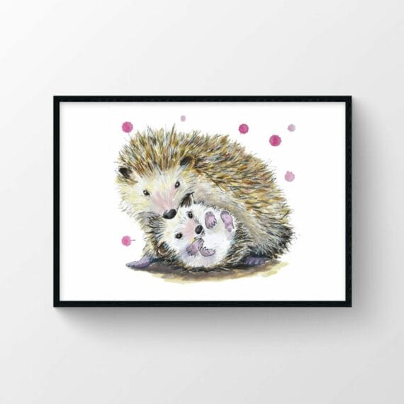 framed hedgehog and hoglet artwork poster