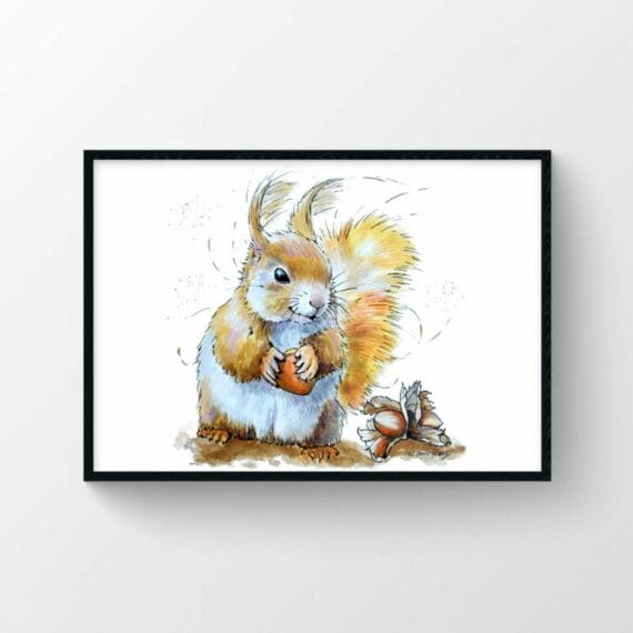 framed squirrel and hazelnuts artwork poster